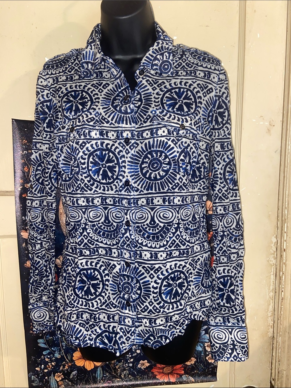 TORY BURCH GEO MEDALLION BUTTON DOWN SHIRT Navy Blue & Tan - Picture 1 of 7